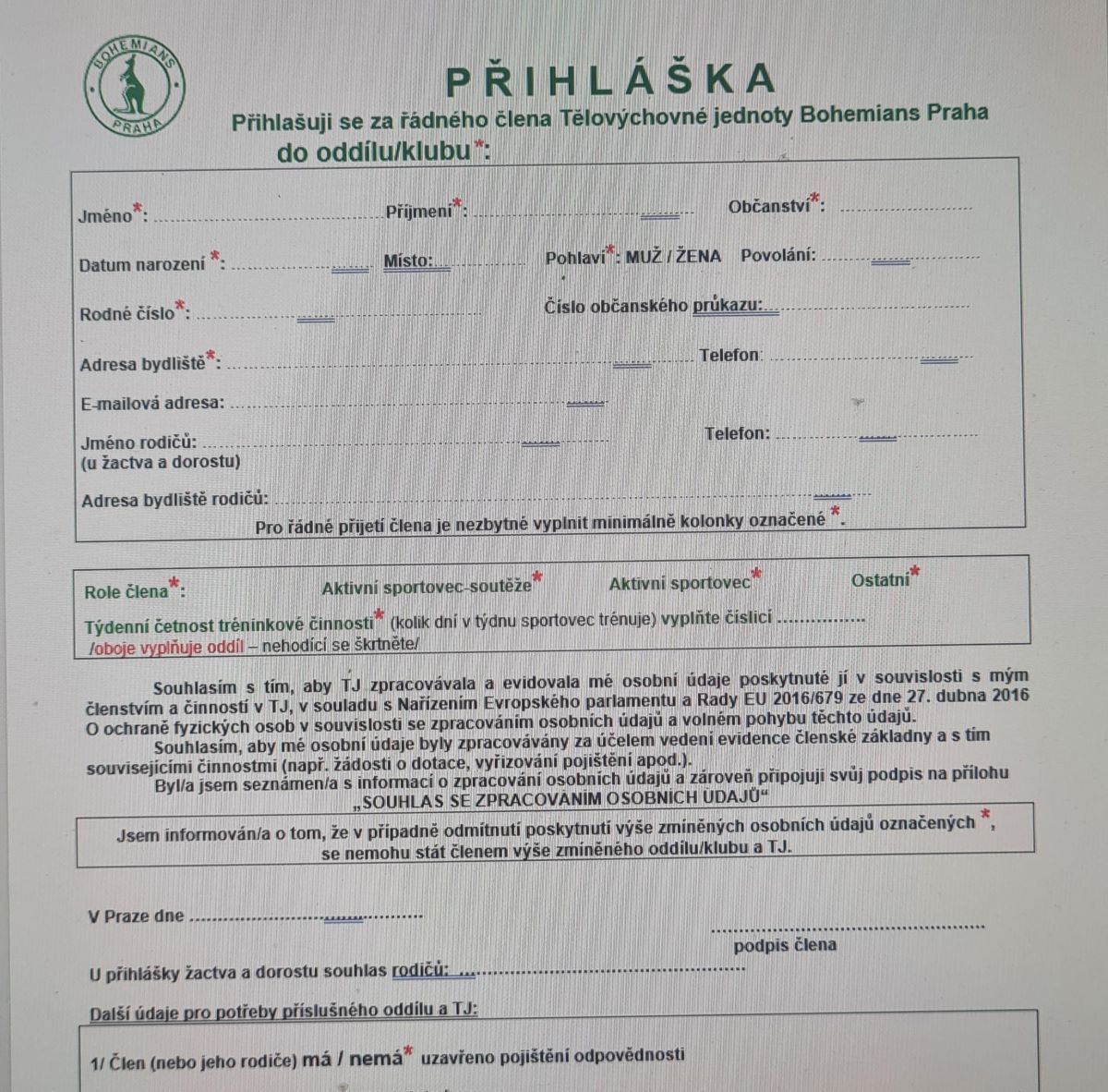 Přihlášky - prosíme o správné a čitelné vyplňování